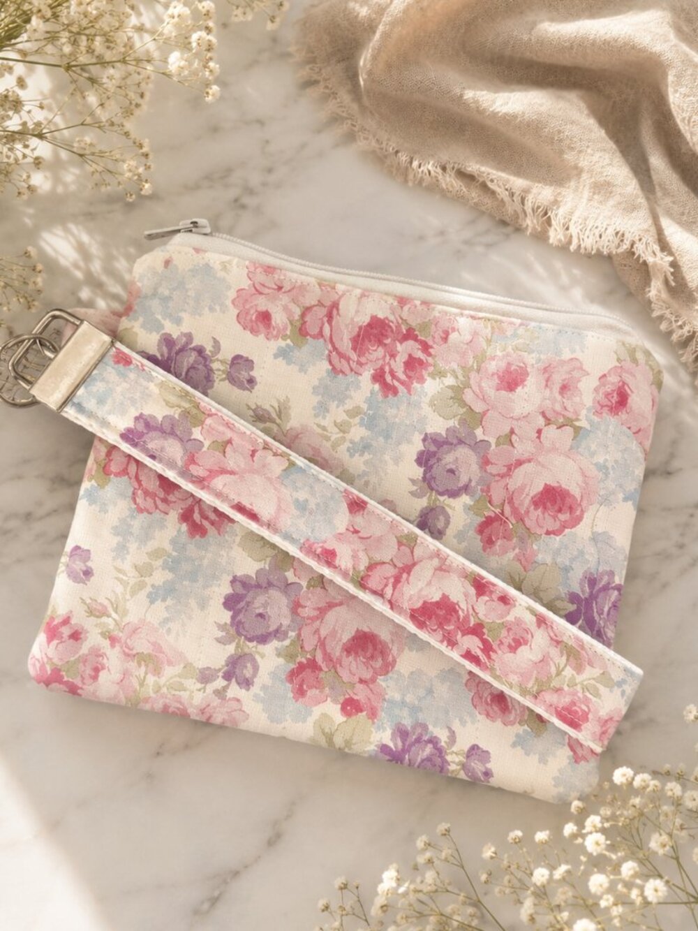 Floral Cotton Wristlet Pouch | Quilted Zipper Clutch Purse, Detachable Strap